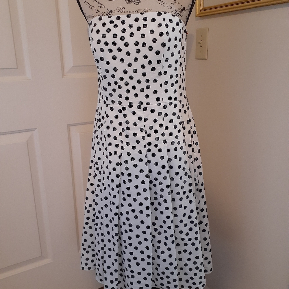 Talbots Strapless white dress with black dots